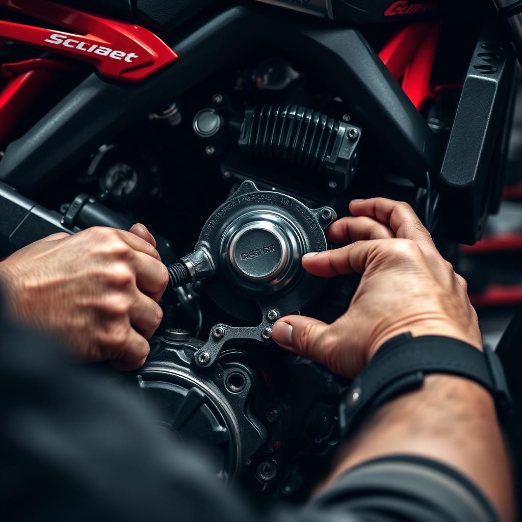 Mechanic working on motorcycle engine